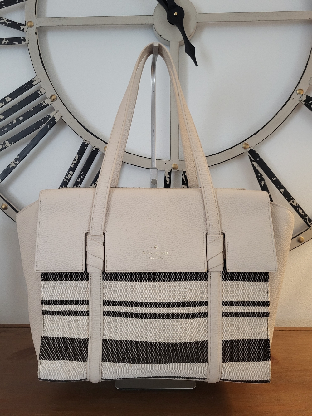 Kate Spade Daniels Drive Abigail Cream & Black Striped Canvas Tote Shoulder Bag